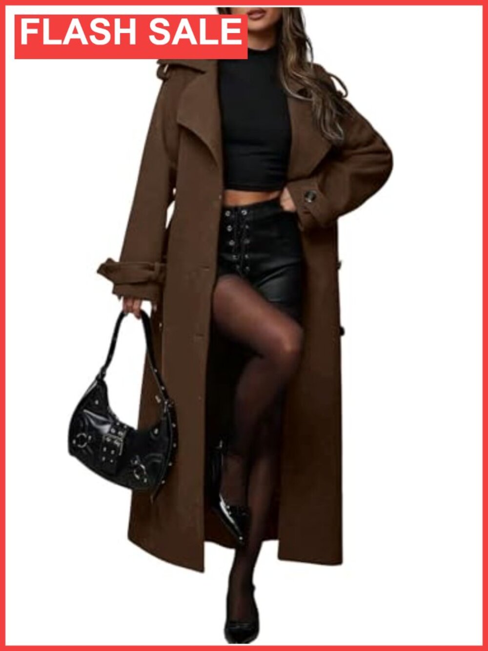 Women's Long Wool Trench Coat Oversized Notch Lapel Double Breasted Belted Maxi